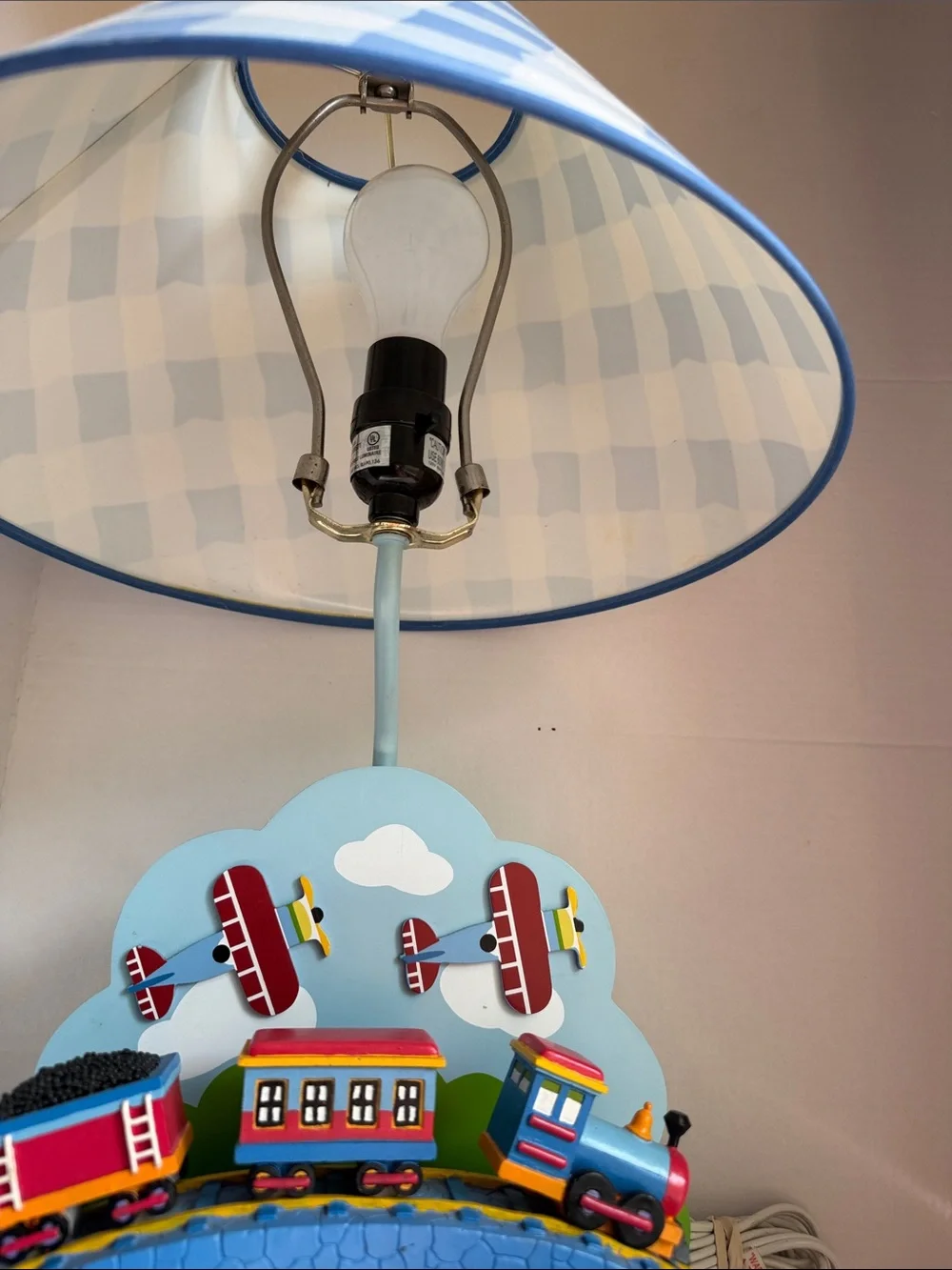 Vintage Blue and White Checkered Kids Train Table Lamp
